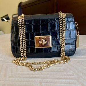 AUTHENTIC Coach Black Croc-Embossed Crossbody Bag with Gold Chain